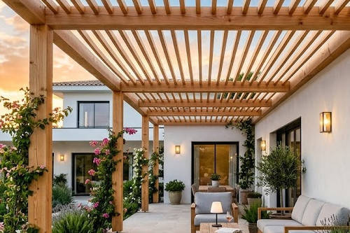 Pergola en bois, fixée sur une villa du Bassin d'Arcachon