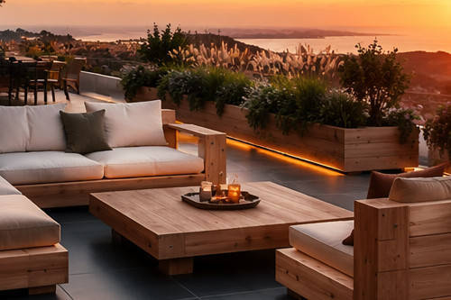 Terrasse avec mobilier extérieur entièrement en bois, villa Côte d'Azur